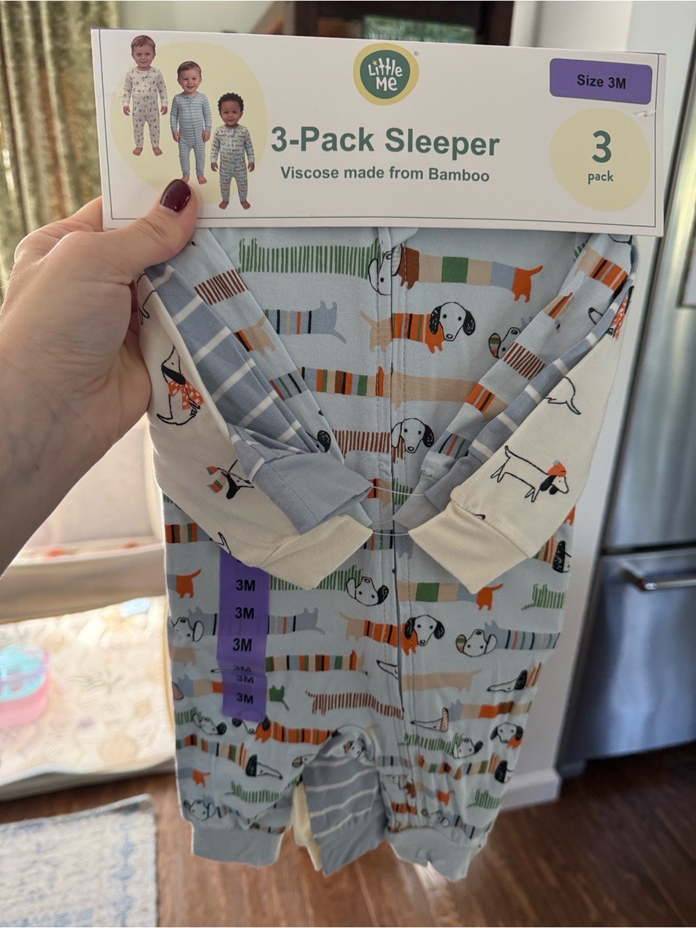 Little Me 3-Pack Baby Sleepers in Blue, Cream & Orange Dog Prints 6m
